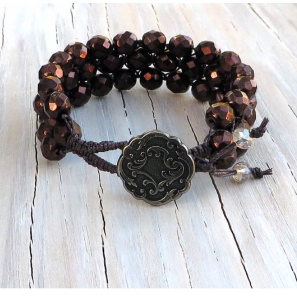 Macrame Bracelet Boho Style Brown Glass Beads Handmade
